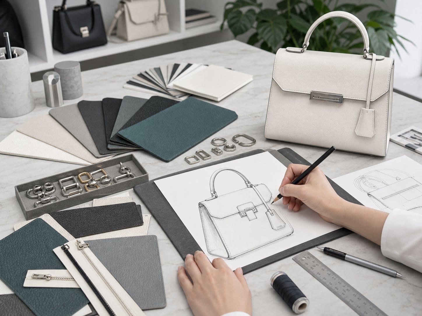 Virtual cool-tone custom leather bag design process