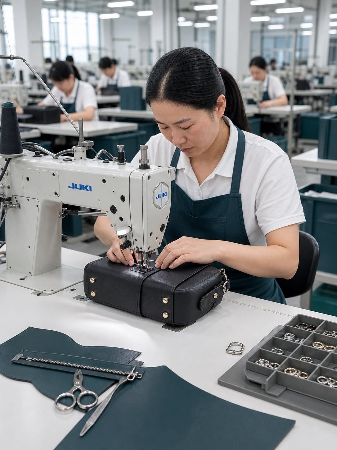 Virtual Juki industrial sewing machine producing a premium handbag